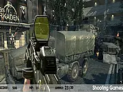 Screenshot of the CoD: Das Arkaden Shooting Practice online game showing a first-person view of a high-power gun aiming at targets inside the demolished Arkaden mall