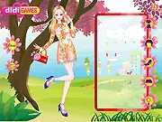 Screenshot of Floral Chic dress up game showing a girl character Helena surrounded by various floral patterned spring dresses and clothing items. Play free online fashion game.