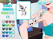Screenshot of Elsa Gets Inked game showing Queen Elsa with a new tattoo design on her body and wearing a stylish, modern outfit. Play free online princess tattoo and dress up game.