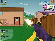 Simpsons 3D Shooter Online game screenshot – a first-person view of a character aiming down a Springfield street with low-poly buildings.