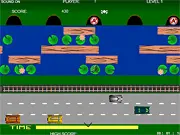 Screenshot of Frogit game, showing a small green frog attempting to cross a busy road with cars and trucks, a free online classic arcade game on PlayArcadeHub.