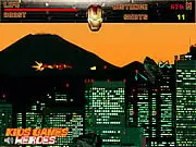 The Iron Man suit flying over a cityscape, shooting weapons at enemy ships and meteor fragments in the Iron Man: City Flight online game.