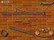 Mecano free online physics puzzle game, showing wooden and stone balls guided toward a basket by strategically removing supporting blocks.