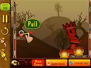 Dirty Devils Deluxe Online game screenshot – a small red devil being launched by a flick toward a large, bubbling cauldron (vat).