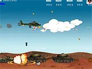 Screenshot of Airwar classic online game showing an airplane shooting down an enemy helicopter and tank in a side-scrolling aerial combat scene, a free shooter game.