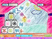 Screenshot of Snowflake Catch game showing various falling snowflakes being dragged into labeled glass jars by a window