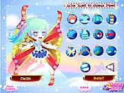 Screenshot of Snow Fairy Dressup free game, showing the snow fairy Katy in a glittering blue and white winter gown with crystal wings and snow accessories