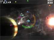 Screenshot from Beat Space Music Shooter Online showing a futuristic spacecraft firing lasers at abstract enemies in a cosmic dimension filled with neon colors and musical elements, a free arcade game.