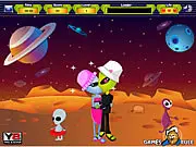Two cartoon aliens kissing secretly in the free online game, Aliens Kiss