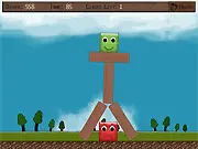 Screenshot of the Pemutus game showing a green block suspended on wooden platforms above the ground, with a red block nearby