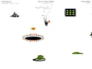 Insane Snowboarding free online extreme sports game, showing a snowboarder dodging various obstacles including trucks, trees, and UFOs while speeding down a mountain.