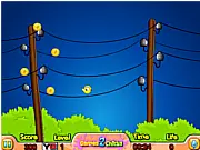 Screenshot of the Wire Chick online game showing a chick on electric wires, dodging the current and collecting coins on PlayArcadeHub