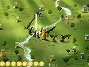 Civilizations Wars RTS game map showing troop movements between houses, crystal towers, and defense towers in a unique graphic style