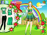 St. Patrick's Day Dress Up Online game screenshot – a girl smiling and wearing a fashionable green and shamrock-themed outfit with a festive hat.
