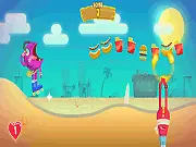 Gameplay screenshot of Fast Food Frendzy showing a skater on Venice Beach with burgers and soda cans, ready to use a toxic soda-burp