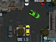 Screenshot of Green V12 Parking Challenge game showing a green sports car carefully maneuvering around obstacles on a tight, concrete parking path