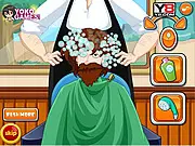 Alex the college student sitting in a barber chair waiting for a haircut and makeover in the Barber Salon game