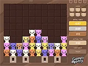 Grabacat gameplay screenshot showing multiple colorful cat icons on a grid and a caged cat that needs to be freed by matching