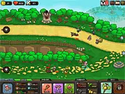 Gameplay screenshot of Asgard Attack showing a fantasy army of armored warriors defending a towering fortress (Asgard) against a horde of small, green goblins, with a visible resource/upgrade interface.
