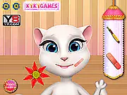 A close-up of Talking Angela's face, showing her looking refreshed and beautiful after a facial treatment, with a subtle glow, ready for her new baby.