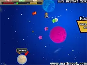 The Gravity Bear free online game, showing the bear floating in space near a planet, attempting to use thrust to collect stars.