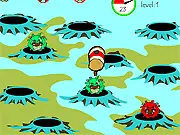 The Whack-A-Beast game screen showing multiple mole-like beasts and innocent creatures popping out of holes, ready to be hit by a hammer.