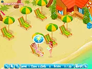 Waitress cartoon character running with a tray of food and drinks to serve customers at beach chairs in the free online game Beach Holidays