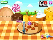 Free online cooking game screen for Sticky Toffee Pudding, showing ingredients being mixed or the final decorated dessert plate.