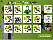 Screenshot of Ben 10 Memory Game showing face-down cards and matched pairs of Ben 10 aliens, a free online memory matching game