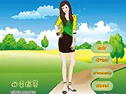 Gameplay screenshot of YangMi Dressup showing the character YangMi styled in a beautiful, elegant red evening gown with matching accessories.