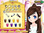 Cinderella Haircuts game screenshot showing the princess with various hair styling tools and a new elegant hairstyle