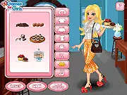 Screenshot of Chocolate Chef Dress Up game showing a beautiful girl (Alice) wearing a stylish apron and a chef's hat while holding a tray of chocolates