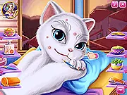 Screenshot of Angela's Cat Spa Day game showing a stylish cartoon kitty wearing a face mask and a towel in a chic spa salon