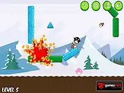 Screenshot of the Exploding Penguins puzzle game showing two cute penguins on opposite sides of a complex wooden platform structure with food items in the middle