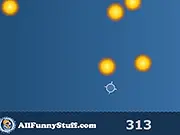 Arcade game screen for Circle Avoider showing a small blue circle avoiding a large, multiplying swarm of yellow orbs