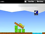 Screenshot of the Help for Fish game showing a small blue fish perched precariously on a wooden block structure, with a water hole waiting below