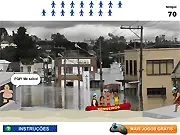 Screenshot of Flood Rescue Boat Online game – a fireman's boat navigating brown, flooded waters near a building to rescue a person.