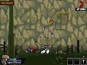 Straw Hat Samurai: Duels free online game screenshot, side-scrolling Samurai MMORPG combat, drawing sword slashes against a rival warrior on PlayArcadeHub