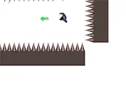 Gameplay screenshot of The Game of Disorientation showing a character attempting to avoid moving red spiked walls in a confusing visual field.