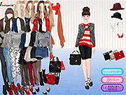 Warm Winter dress up game, model wearing a big red winter dress, cozy and fashionable winter style game
