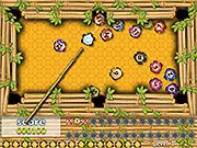 Screenshot of Turtles Snookers game, showing a green turtle on a wooden table, aimed at a hole with a pool cue, a free online puzzle game on PlayArcadeHub.