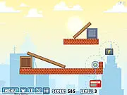 Free online game image for Electro Appliances, showing a physics puzzle where wood blocks must be removed to connect a power source to a light bulb.