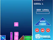 Drop3 free online physics puzzle game screenshot showing various colorful shapes stacked in a container, with two identical shapes about to touch and disappear