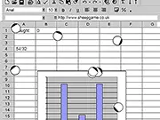 Gameplay screenshot of Excel Sheep, showing small white sheep on a grid-based map being herded toward a colorful bar graph structure.