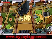 Free online game image for Regular Show Tree House, showing Rigby the raccoon navigating platforms and traps inside a large tree house.
