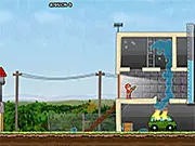 Free online game image for Water Mania, showing a fire truck aiming a water hose to extinguish flames by bouncing the water stream off a wall.