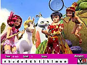 Mia and Me Hidden Letters free game with characters Mia, Yuko, and Mo, finding the letter A on an image of a unicorn in Centopia