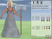 Amazon Warrior Dress Up game screen showing a powerful female warrior character model with various armor, weapon, and hairstyle options around her for customization.