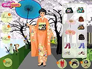 Japanese Kimono dress up game screen, model wearing an elegant long-sleeved blue kimono (furisode), traditional Japanese fashion