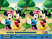Mickey and Minnie Difference game screen showing two nearly identical images of Mickey and Minnie Mouse, play free online spot the difference puzzle